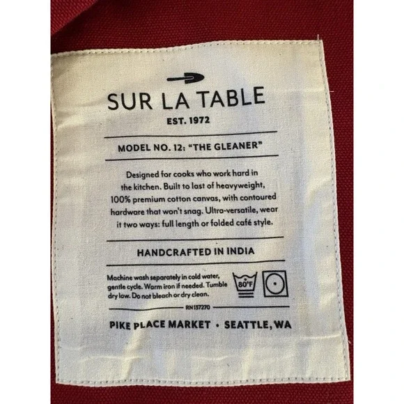 Sur la Table Apron Signature Red 100% Cotton Pockets O/S Adjustable Never Used - Picture 7 of 14